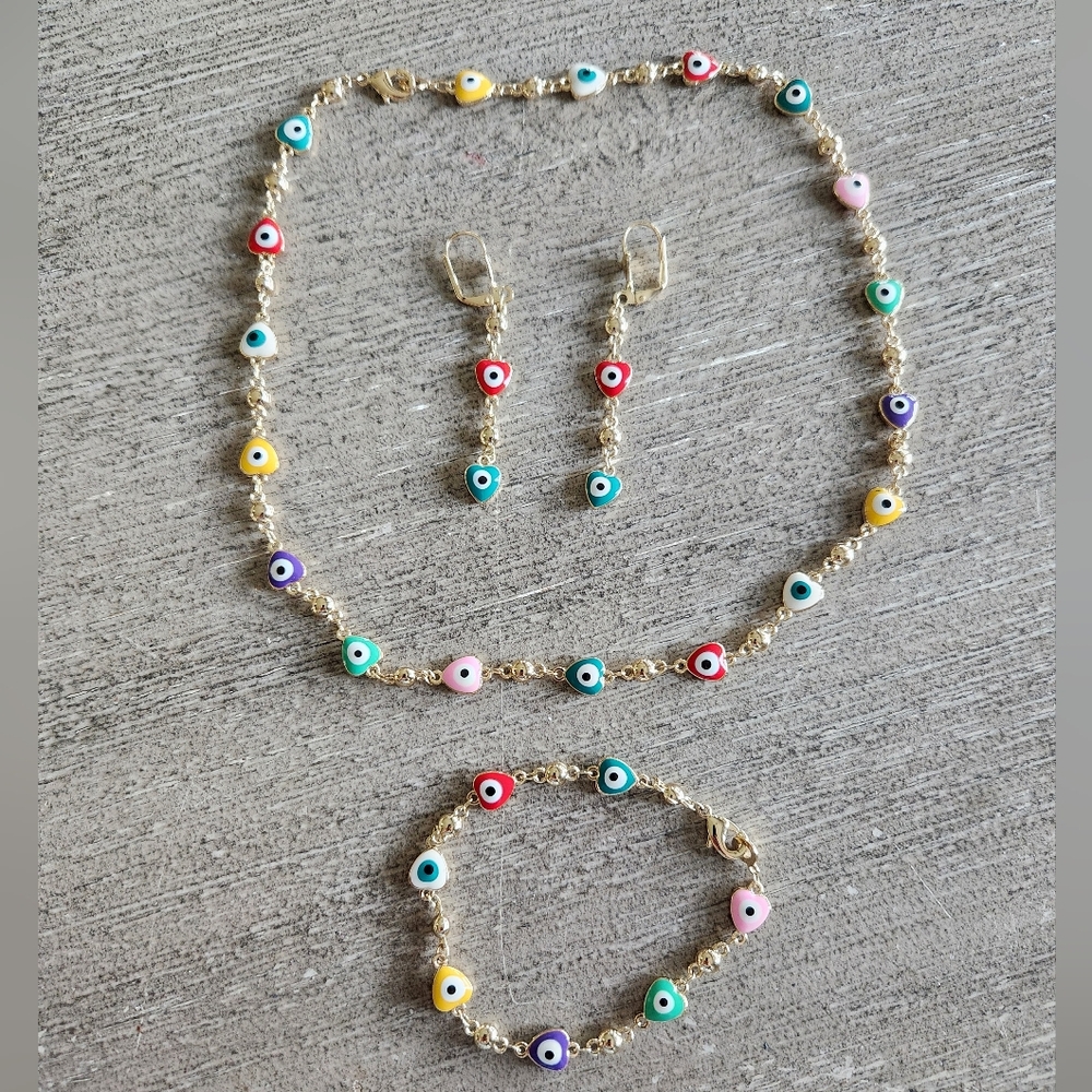 Multicolor Evil Eye Heart Necklace, Bracelet & Earrings Set - Gold Plated Chain